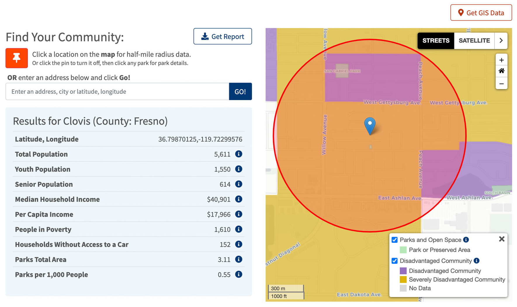 The Community FactFinder tool is a map with a location and a corresponding data table.