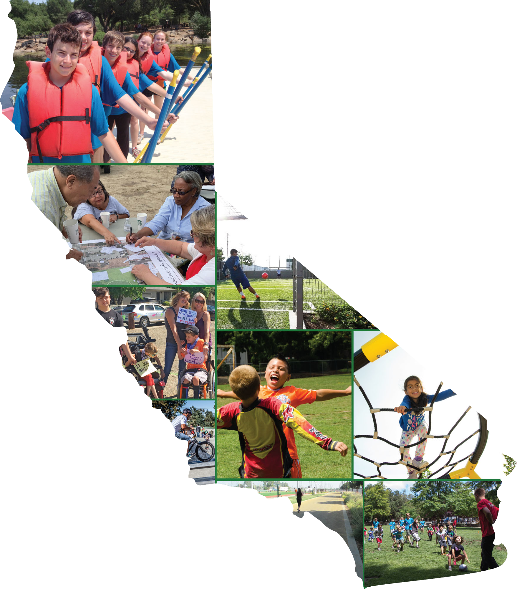 Collage in the shape of California of people rowing, kicking a ball and climbing a play structure